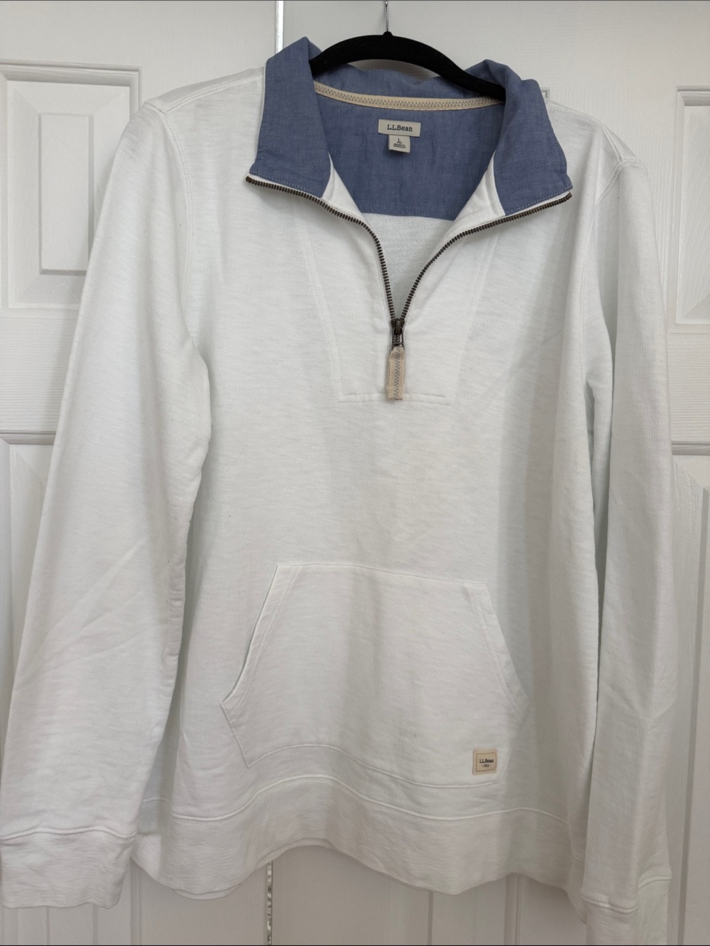 L.L. Bean womam’s White Half-Zip Sweatshirt with Blue Contrast Collar